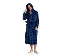 Vulcanodon Mens Robe with Hood, Fleece Bathrobe Plush Robes for Men（Buffalo Plaid-Royal Blue,L/XL）
