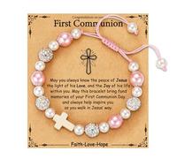 VULETO First Communion Gifts for Girls Catholic Cross Pearl Beads Charm Kawaii Bracelet Christian Religious Jewelry Gifts for Kids Daughter Granddaughter Nieces Her Age