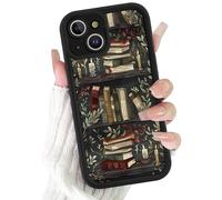 Vulfwela Bookshelf Phone Case for iPhone 14 Black Vintage Bookcase Style Case 6.1", Cute Aesthetic Fall Autumn Leaves Candle Pattern Design Girly Women Cover Shockproof Soft TPU Protective Funda