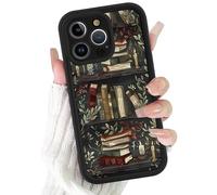 Vulfwela Bookshelf Phone Case for iPhone 14 Pro Black Vintage Bookcase Style Case 6.1", Cute Aesthetic Fall Autumn Leaves Candle Pattern Design Girly Women Cover Shockproof Soft TPU Protective Funda