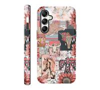 Vulfwela for Galaxy A14 5G 6.6''Western Boho Collage Phone Case, 2 in 1 Vintage Pink Cowboy Hat Horses Bull Head Floral Phone Cover Country West Shockproof Protective Non-Slip Design Case