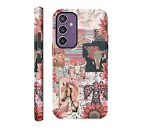 Vulfwela for Galaxy S23 FE 5G 6.4''Western Boho Collage Phone Case, 2 in 1 Vintage Pink Cowboy Hat Horses Bull Head Floral Phone Cover Country West Shockproof Protective Non-Slip Design Case