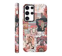 Vulfwela for Galaxy S23 Ultra 5G 6.8''Western Boho Collage Phone Case, 2 in 1 Vintage Pink Cowboy Hat Horses Bull Head Floral Phone Cover Country West Shockproof Protective Non-Slip Design Case
