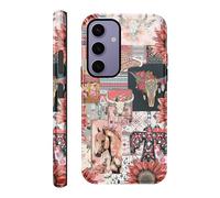 Vulfwela for Galaxy S24 5G 6.2''Western Boho Collage Phone Case, 2 in 1 Vintage Pink Cowboy Hat Horses Bull Head Floral Phone Cover Country West Shockproof Protective Non-Slip Design Case