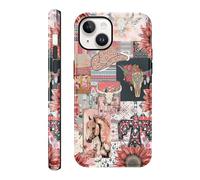 Vulfwela for iPhone 14 6.1''Western Boho Collage Phone Case, 2 in 1 Vintage Pink Cowboy Hat Horses Bull Head Floral Phone Cover Country West Shockproof Protective Non-Slip Design Case