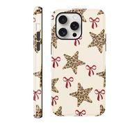 Vulfwela for iPhone 15 Pro 6.1'' Leopard Patterned Stars and Red Bows Phone Case, Slim Scratch Resistant Shockproof Dual-Layer Protection, Hard Shell with Silicone Interior for Woman Men