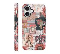 Vulfwela for iPhone 16 6.1''Western Boho Collage Phone Case, 2 in 1 Vintage Pink Cowboy Hat Horses Bull Head Floral Phone Cover Country West Shockproof Protective Non-Slip Design Case