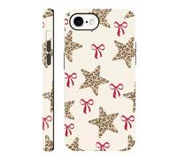 Vulfwela for iPhone 16e 6.1'' Leopard Patterned Stars and Red Bows Phone Case, Slim Scratch Resistant Shockproof Dual-Layer Protection, Hard Shell with Silicone Interior for Woman Men