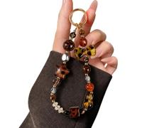 Vulfwela Phone Charm with Crystal Handpainted Bead,Beaded Phone Charm Kawaii Hands-Free Wrist Strap for Women Girl,Cute Star & Bow Leopard Print Shell,Diamond Glitter Beaded,Gold Lanyard