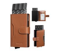 VULKIT Credit Card Holder RFID Blocking with Genuine Leather Slots Metal Card Holder Slim Card Wallet for Men & Women Magnetic Closed, Litchi Brown