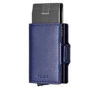 VULKIT Double Credit Card Holder RFID Blocking Pop Up Metal Card Holder Leather Men's Wallets Magnetic Closure with 2 Slots for 10-14 Cards, Cross Navy