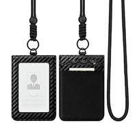 VULKIT ID Badge Holder with Lanyard for Women and Men Vertical Leather Badge Holder with Clear ID Window Card Holder Slot and Money Pocket