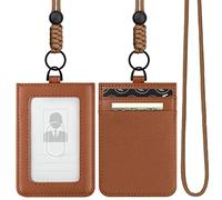 VULKIT ID Badge Holder with Lanyard for Women and Men Vertical Leather Badge Holder with Clear ID Window Card Holder Slot and Money Pocket