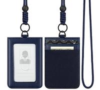 VULKIT ID Badge Holder with Lanyard for Women and Men Vertical Leather Badge Holder with Clear ID Window Card Holder Slot and Money Pocket