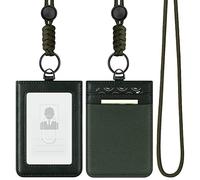 VULKIT ID Badge Holder with Lanyard for Women and Men Vertical Leather Badge Holder with Clear ID Window Card Holder Slot and Money Pocket