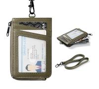 VULKIT ID Card Holder Lanyard for Neck with Zipper Pocket, Work or School Card Badge Holder, Clear Window, Can Hold Coins, Key, Cash, Credit Card, Suitable for Offices Staff, PU Leather, Green