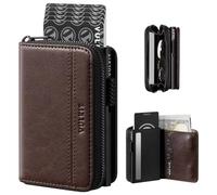 VULKIT Large Capacity Card Holder Wallet for Men, RFID Blocking Pop Up Metal Wallet, Holds 15+ Cards, Bill Slot, ID Window, Zipper Coin Pocket, Chestnut Brown