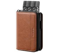 VULKIT Large Capacity Card Holder Wallet for Men, RFID Blocking Pop Up Metal Wallet, Holds 15+ Cards, Bill Slot, ID Window, Zipper Coin Pocket, Chestnut Brown