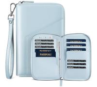 VULKIT Leather Passport Holder Family Travel Document Organizer with RFID Blocking Travel Wallet Slim Dual Slots SIM Card and Multiple Card Holders for Men and Women (Light Blue)