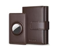 VULKIT Mens Leather Trifold Wallet RFID Blocking with Airtag Card Case, Double ID Window, Magnetic Closure, Coffee Brown