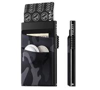 VULKIT Slim Pop Up Card Holder for Men Women, RFID/NFC Blocking Aluminum Card Wallet with 2 Fabric Camo Print Pockets for Cash, Coins, Airtag and Others, Black