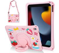 Vunake for iPad 9th/8th/7th Generation Case 10.2 inch,Soft Silicone Shockproof Cover with 360 Rotating Stand Shoulder Strap for Kids Girls Cute Strawberry Cake Tablet Case for iPad 9/8/7 gen-Pink