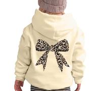 Vuncio Kids Girls Hoodies Fashion Bow Leopard Print Winter Long Sleeve Hooded Sweatshirt for Teenage Girls Comfortable Baggy Cartoon Cute School Casual Party Blouse 2-13 Years (Beige, 11-12 Years)