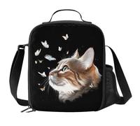 VunKo Cute Cat Insulated Lunch Bag for School Work Office Picnic Butterfly Tote Lunch Box Containers for Cat Lover Kids Compact Reusable Cooler Bag with Shoulder Strap