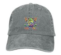 VunKo Dancing Funny Skeleton Distressed Adjustable Washed Denim Low Profile Mens Dad Trucker Hat Baseball Ball Cap for Men, Cool Peace Tie Dye Frog Gray, One size