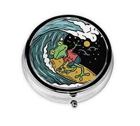 VunKo Vintage Frog Surfing Pill Box Pill Case for Pocket or Purse 3 Compartment Metal Travel Medication Carry Case Daily Vitamin Organizer Box