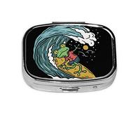 VunKo Vintage Frog Surfing Pill Organizer Portable Metal Pill Box Small Pill Container for Purse or Pocket 2 Compartment Daily Needs and Travelling