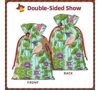 Vuoongt Flamingo Love Flowers Print Christmas Gift Bags Reusable Halloween Candy Bags With Tags Drawstring Closure