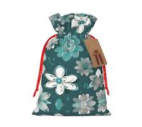 Vuoongt Teal Grey And White Floral Print Christmas Gift Bags Reusable Halloween Candy Bags With Tags Drawstring Closure