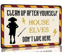 Vuplkhu Clean Up After Yourself House Elves Don't Live Here Metal Tin Sign Magic Gifts Wall Plaque Signs Vintage Wizard Themed Sign for Home Kitchen Bathroom Bedroom Wall Decorations 8x12 Inch