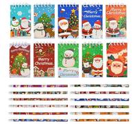 Vurixfo 10 Pcs Mini Christmas Notepads, 12 Pcs Christmas Pencils Xmas Pocket Notebooks Santa Claus Snowman Reindeer Pocket Notebook Xmas Pencil with Erasers for Holiday Gifts Classroom Prizes
