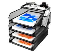 Vurixfo 4 Tier Letter Trays, Stackable Desk Organiser File Holder Metal Mesh A4 Paper Desktop Filing Tray Magazine File Racks with Pen Holder and Top Storage Tray for Home Office Supplies, Black