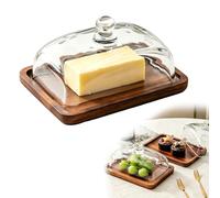 Vurixfo Butter Dish with Glass Lid, Acacia Wood Cheese Dish with Lid Kitchen Storage Butter Cheese Keeper Holder Container for Storing Butters Desserts Cakes Pastries, 18.3x12.8x9.5cm