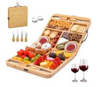Vurlexat Bamboo Cheese Board, Organic Wood Serving Tray with 4 Knives & 2 Dipping Dishes Set, Openable Charcuterie Board Cheese Serving Platter with 7 Compartments for Gourmets, Mothers & Housewarming