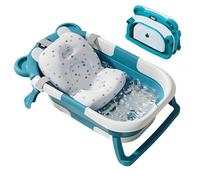 Vurlexat Foldable Baby Bath Tub with Temperature Display, Collapsible Bathtub with Seat Support Cushion, Anti-Slip Portable Travel Shower Bathing Basin for 0-3 Years Newborn Toddler Infant Pets(Blue)