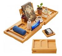 Vurlexat Foldable Bath Tray, Natural Bamboo Wooden Bathtub Caddy with Integrated Holder, Expandable Over Tub Rack Bridge with Adjustable Draining Tray Fits Most Bath Sizes(104 * 23 * 3cm)