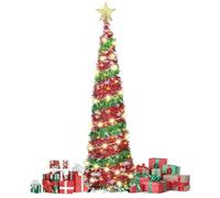 Vurlexat Pop Up Christmas Tree, 5FT Collapsible Christmas Tree with 50 LED Light, Artificial Tinsel Pencil Xmas Trees with Stand for Indoor Outdoor Xmas Decorations(Red+Green, Snowflakes Deco)