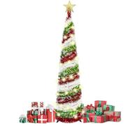 Vurlexat Pop Up Christmas Tree, 5FT Collapsible Christmas Tree with 50 LED Light, Artificial Tinsel Pencil Xmas Trees with Stand for Indoor Outdoor Xmas Decorations(Red+Green+White)
