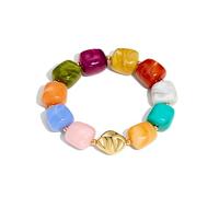 Vurotry Multicolor Marbled Square Resin Bead Stretch Bracelet | Tropical Rainbow Stackable Wrist Band with Hammered Gold Metal Accent