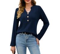 VUTRU Long Sleeve Top for Women Henley Shirts Tunic Sweater Knit Fall Casual V Neck Pullover Loose Fit Dressy with Leggings, Navy Blue, XXL