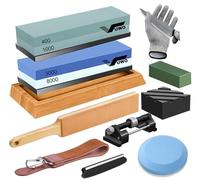 vuwo Knife Sharpening Stone Kit - Whetstone Dual Grit 400/1000 3000/8000 Premium Sharpener Set with Leather Strop, Flattening Stone, Honing Guide, Bamboo Base, Angle Guide, Cut Resistant Gloves...