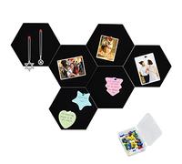 Vuzvuv 6 Pcs Black Hexagon Cork Board Bar Strips with 50 Pushpins, Self-Adhesive Bulletin Board Strips No Damage for Wall, Felt Pin Board for Paste Notes, Photos, Schedules Offices Home