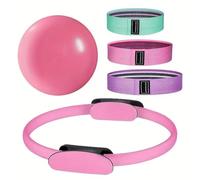 VVAULT Pilates Ring 5-Piece Set, Including Pilates Ring, Wheat Tube Ball, Resistance Band, For Legs Arms And Thighs (Pink)
