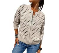 VVAULT Women's Casual Hollow Knitwear Zipper Jacket, Casual Cardigan Sweaters For Women, Zip Up Mock Neck Coats (Apricot,L)