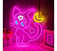 Vveikea Moon Cat Neon Sign Dimmable Japanese Anime Neon Lights Cartoon Cat Light Up Sign Kawaii Cat Led Signs for Bedroom Wall Girls Room Dorm Birthday Party Gift