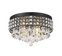 VVHUDA Flush Mount Crystal Chandelier, 15" Contemporary Round Ceiling Light Fixture Brushed Black 4-Light Dimmable Pendant Lamp for Dining Room Bedroom Living Room Small Gift